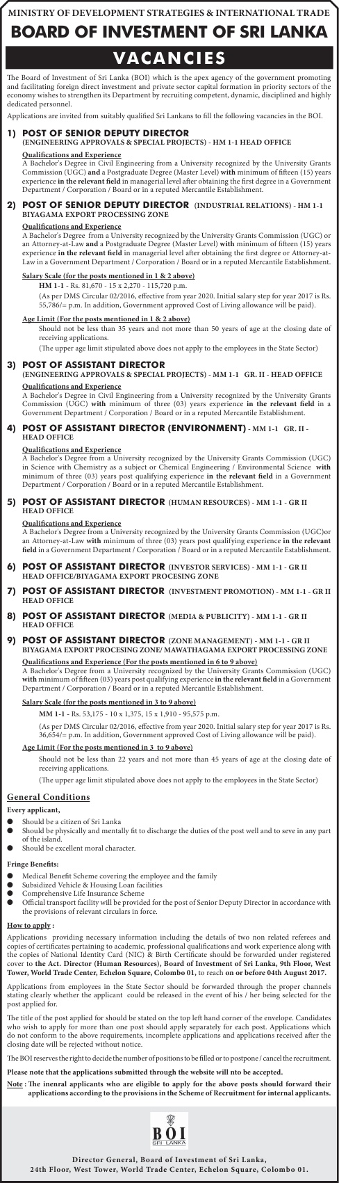 Senior Deputy Director, Assistant Director - Board of investment of Sri Lanka